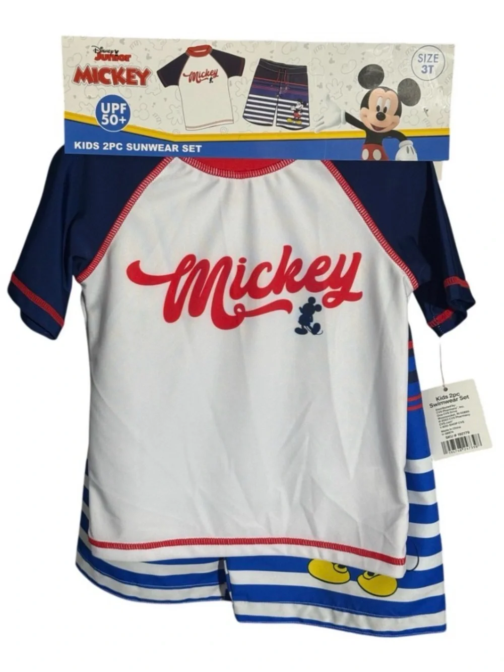 Mickey Kids' White & Navy Rash Guard Swim Set with Hat - UPF 50+
